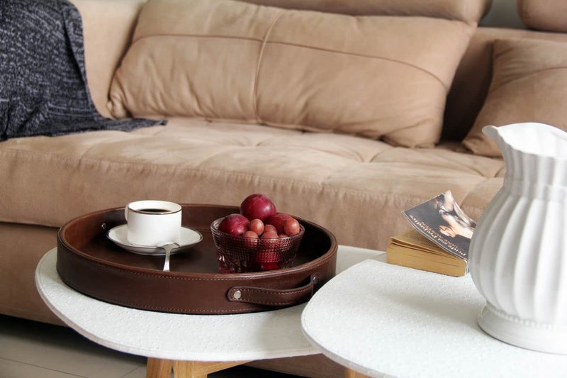 HofferRuffer Top Nocth PU Leather Round Serving Tray, Decorative Serving Tray with Handles, Coffee Tray, Ottoman Tray for Home Or Office, Diameter 14.6-inch, Brown - Image 3